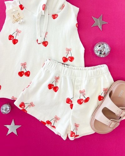 Off White Cherry Bow Print Shorts