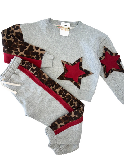 Gray Color Block Crew Neck With Leapard Print Star