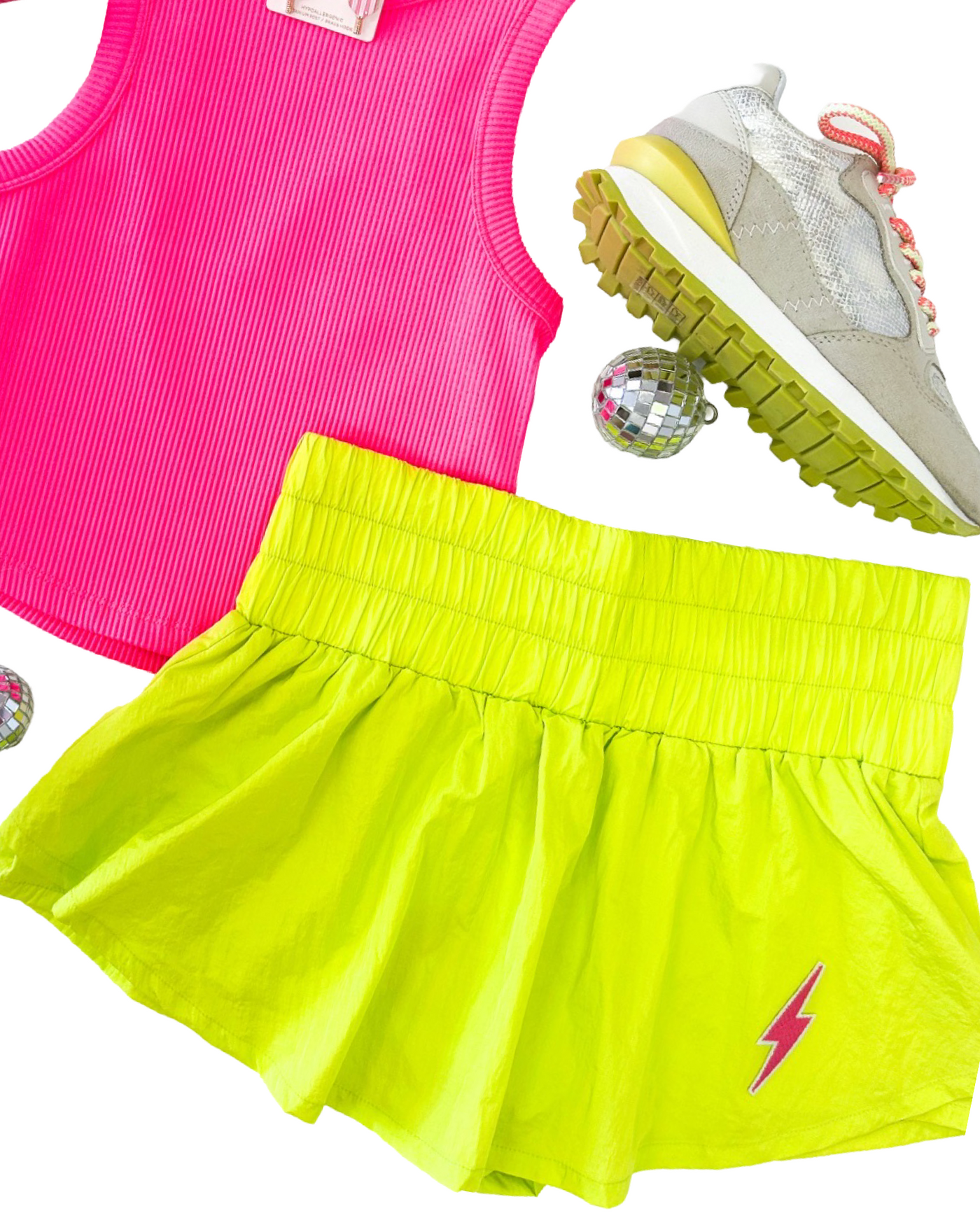 Neon Yellow Gathered Mini Skort With Lightning Bolt