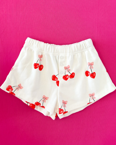 Off White Cherry Bow Print Shorts