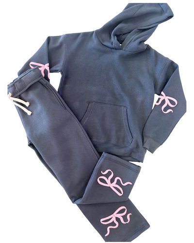 Charcoal Pullover Hoody With Puff Bow Print