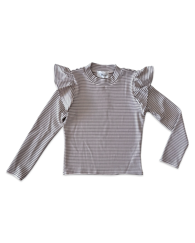 Ivory Tea Lights Ruffle Shoulder Long Sleeve With Brown Stripe Top