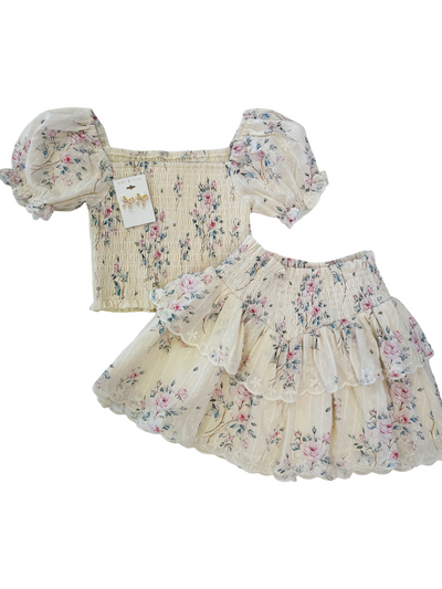 Eden Off White Floral Print Smocked Puff Sleeve Top