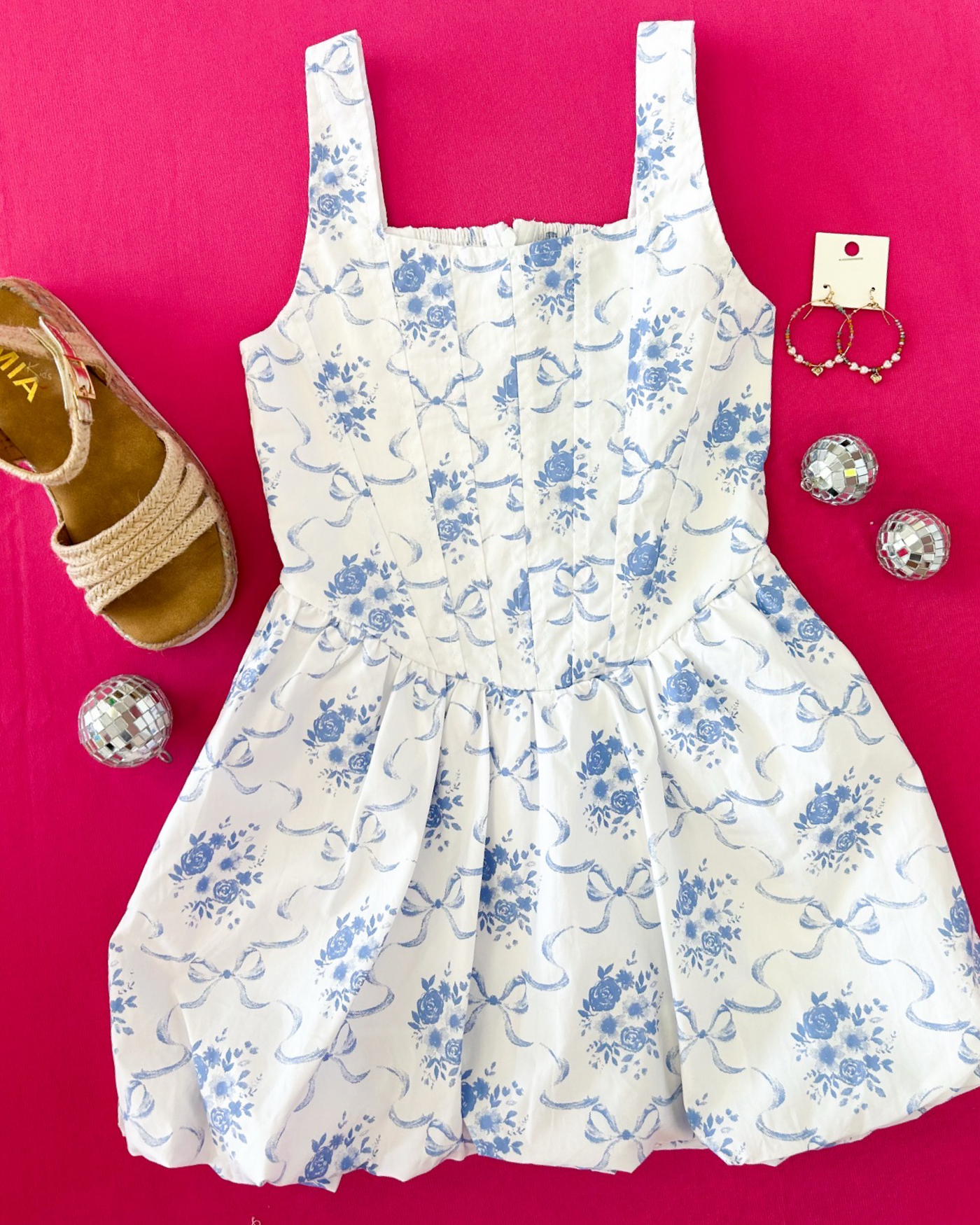 Blue Ribbon and Flower Print Corset Bubble Dress