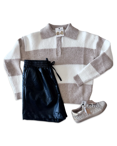 Ivory and Tan Striped Polo Sweater