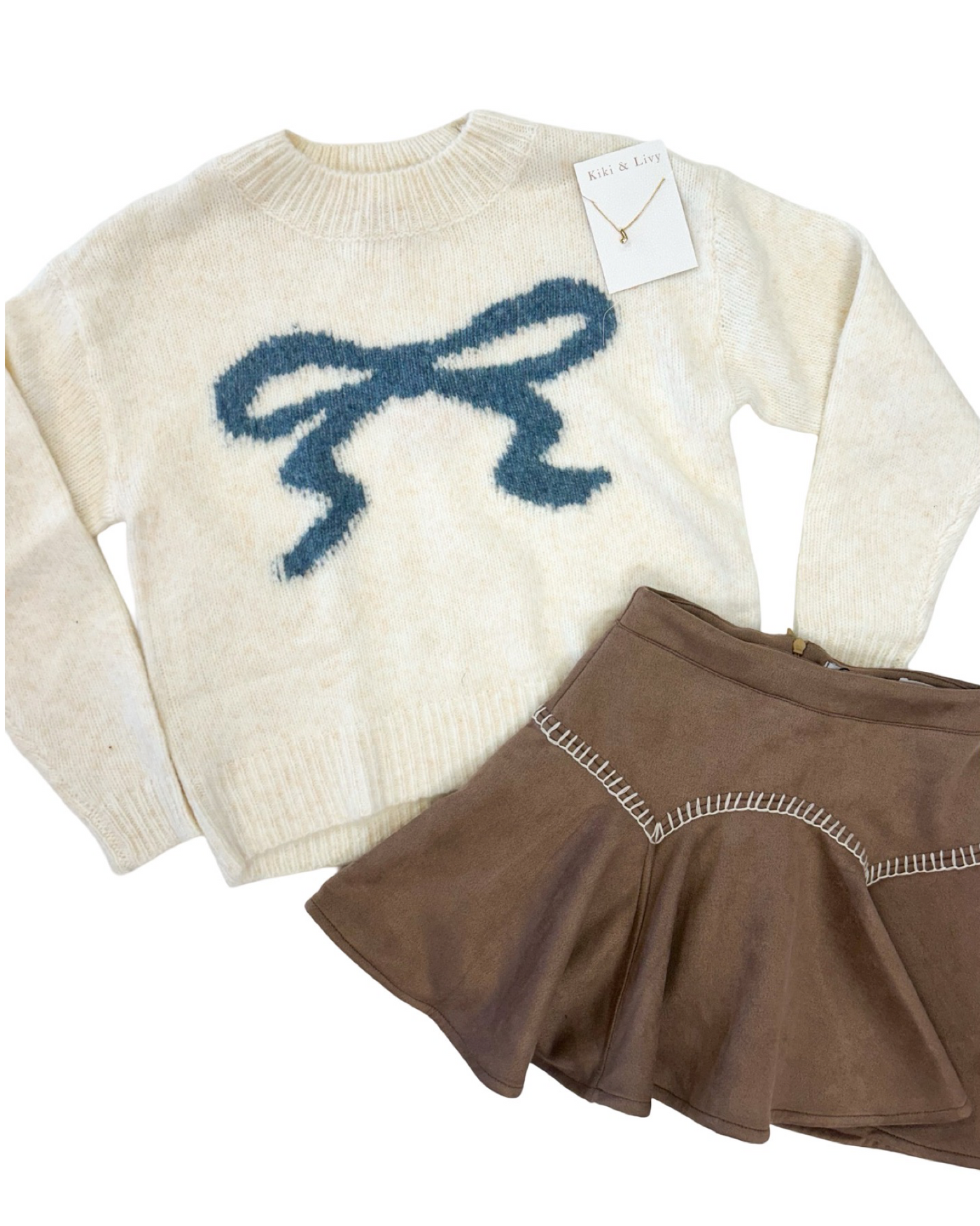 Ivory Crew Neck with Blue Bow Sweater
