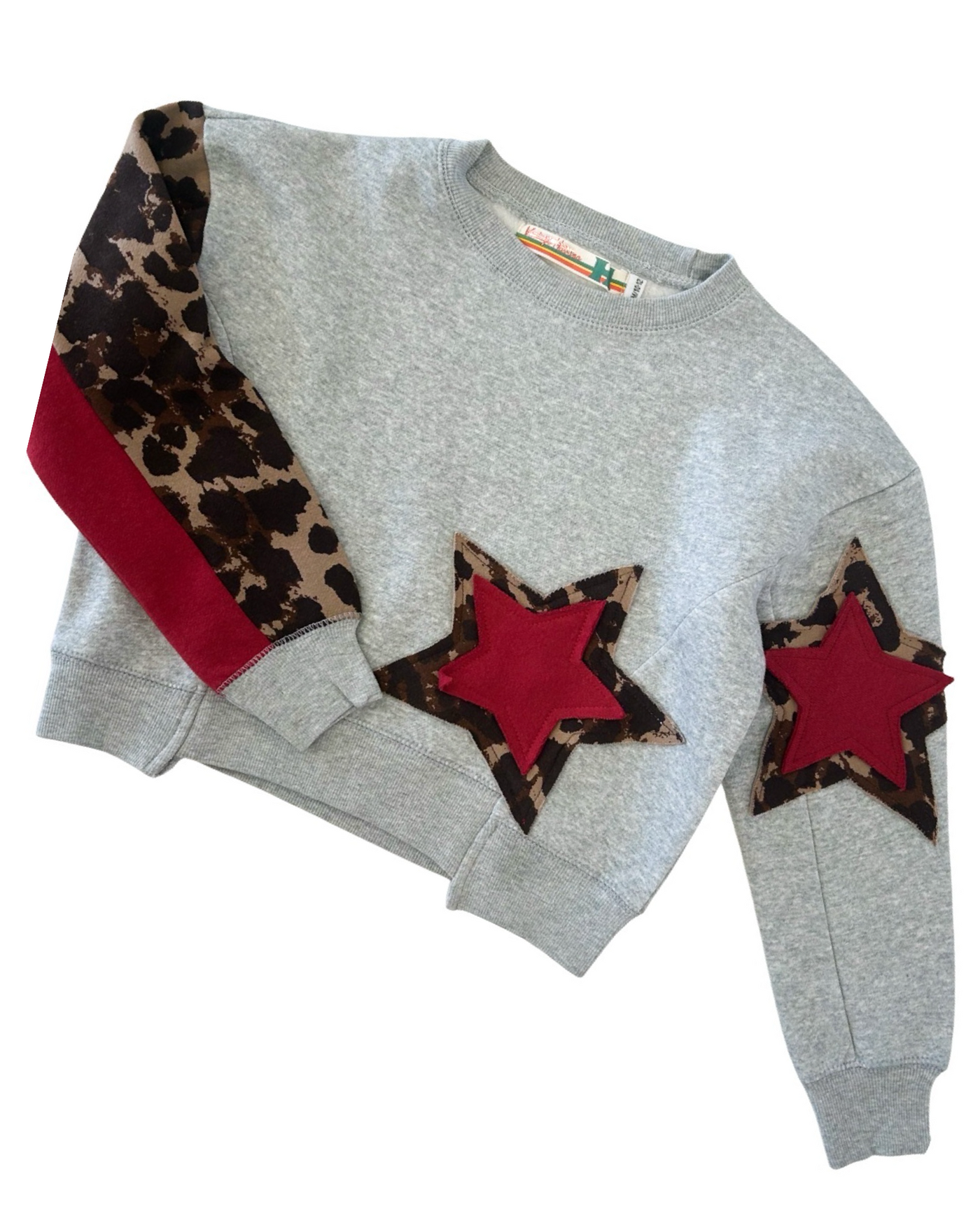 Gray Color Block Crew Neck With Leapard Print Star