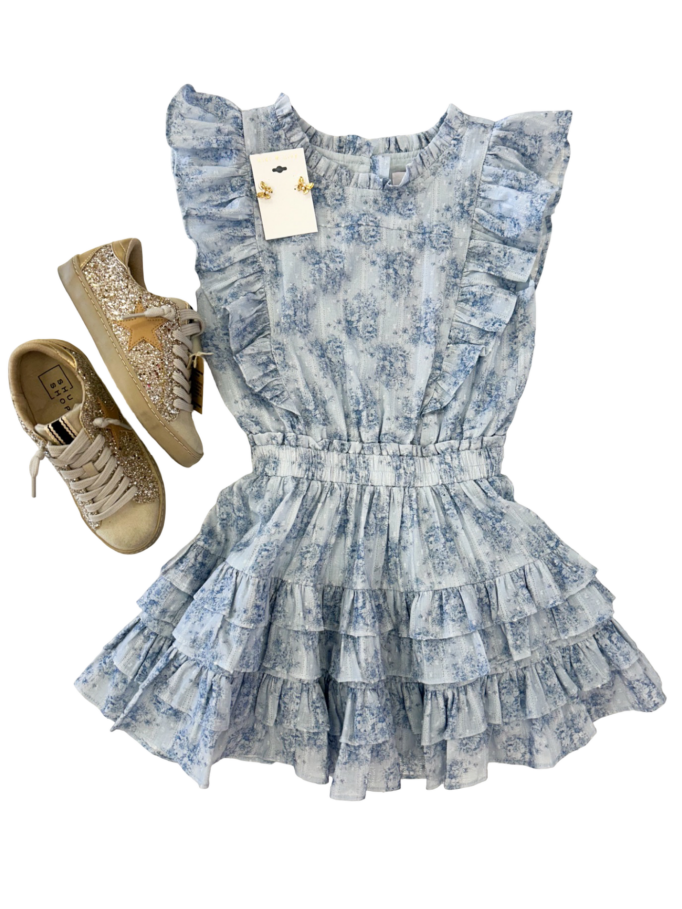 Gustavia Blue Rose Print Ruffle Dress