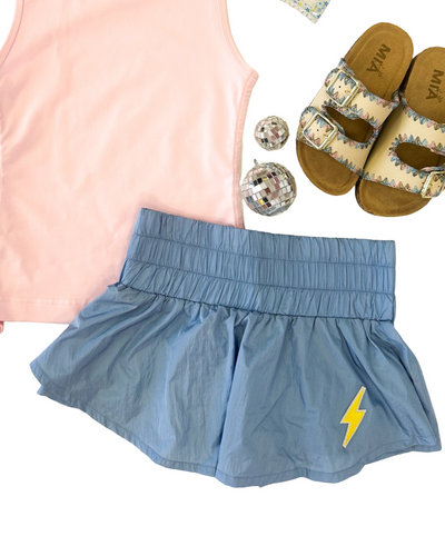 Blue Gathereed Mini Skort With Lightning Bolt