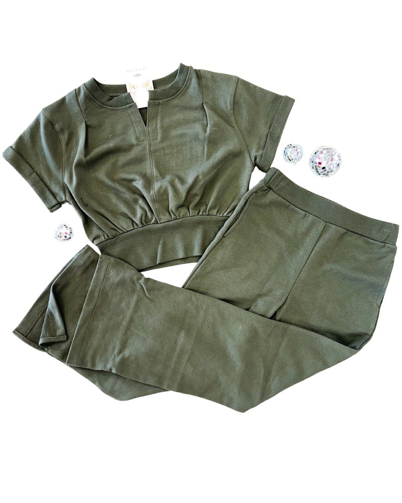 Olive Casual Short Sleeve Two PC Set