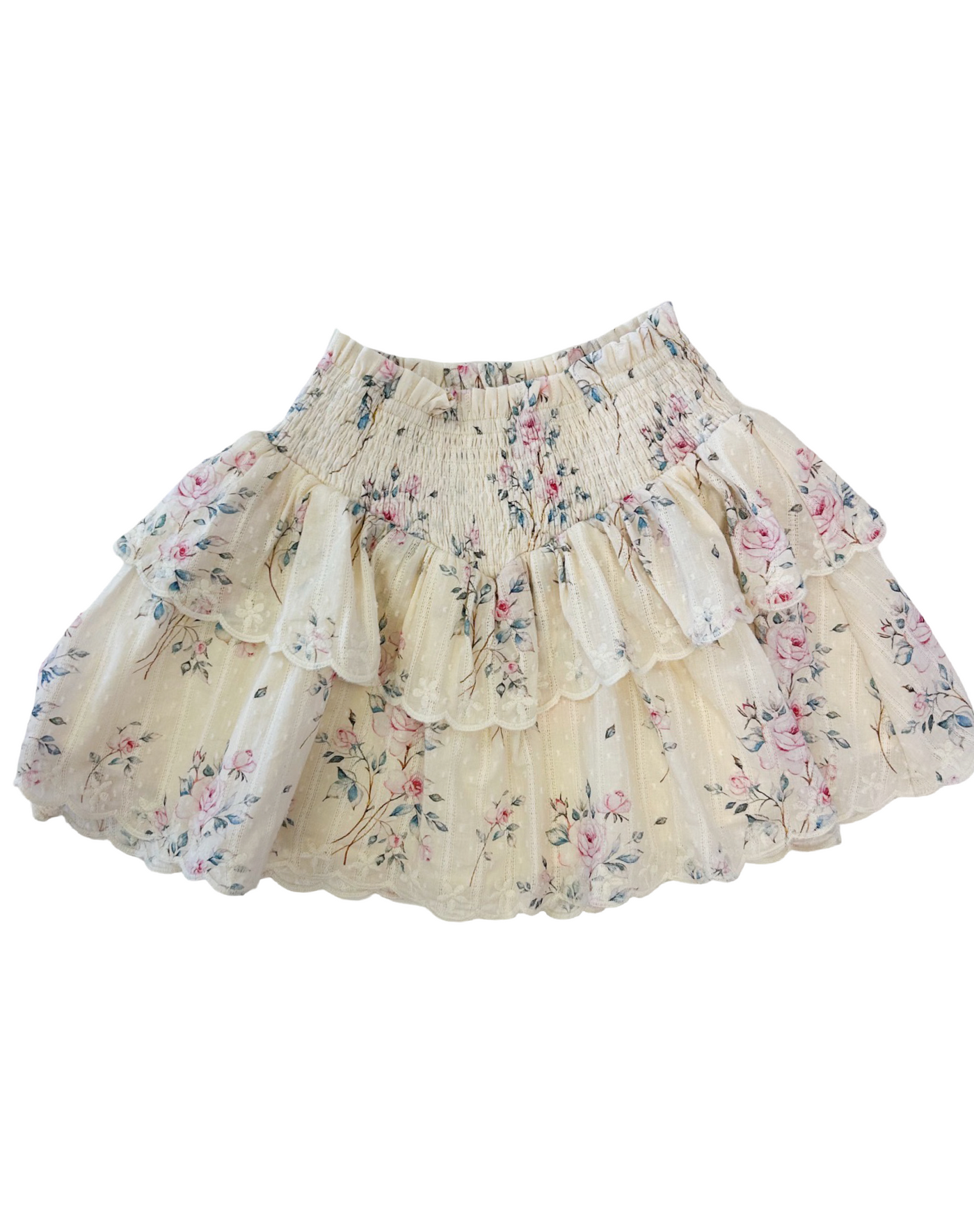 Eden Off White Floral Print Smocked Top Ruffle Skirt