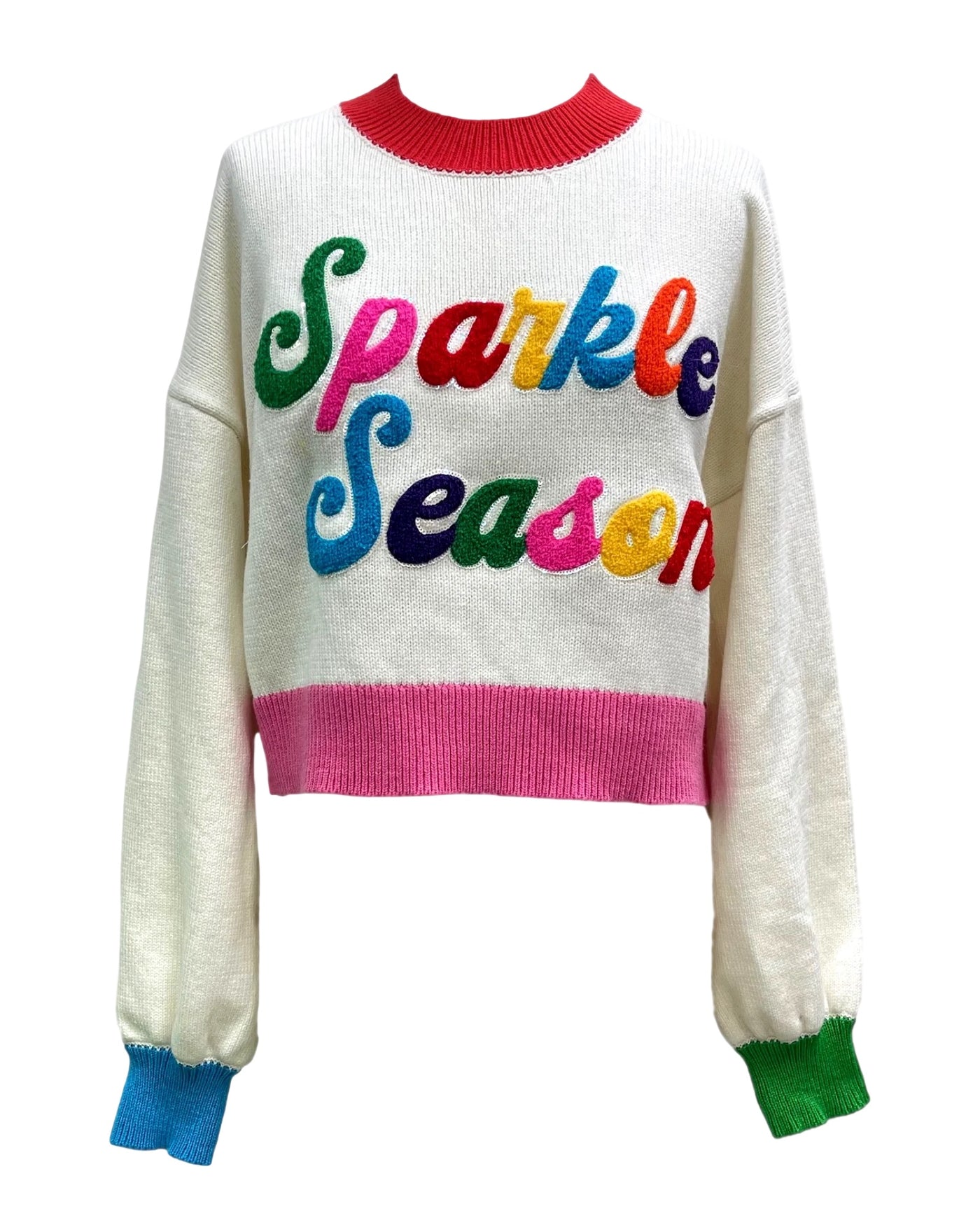 QOS White Color-block 'Sparkle Season' Sweater