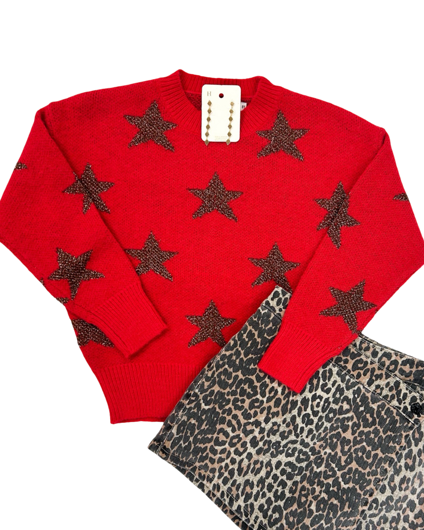 Red Knitted Sweater With Bronze Stars
