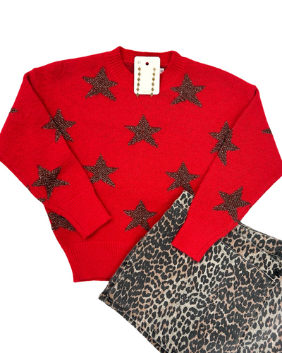 Red Knitted Sweater With Bronze Stars