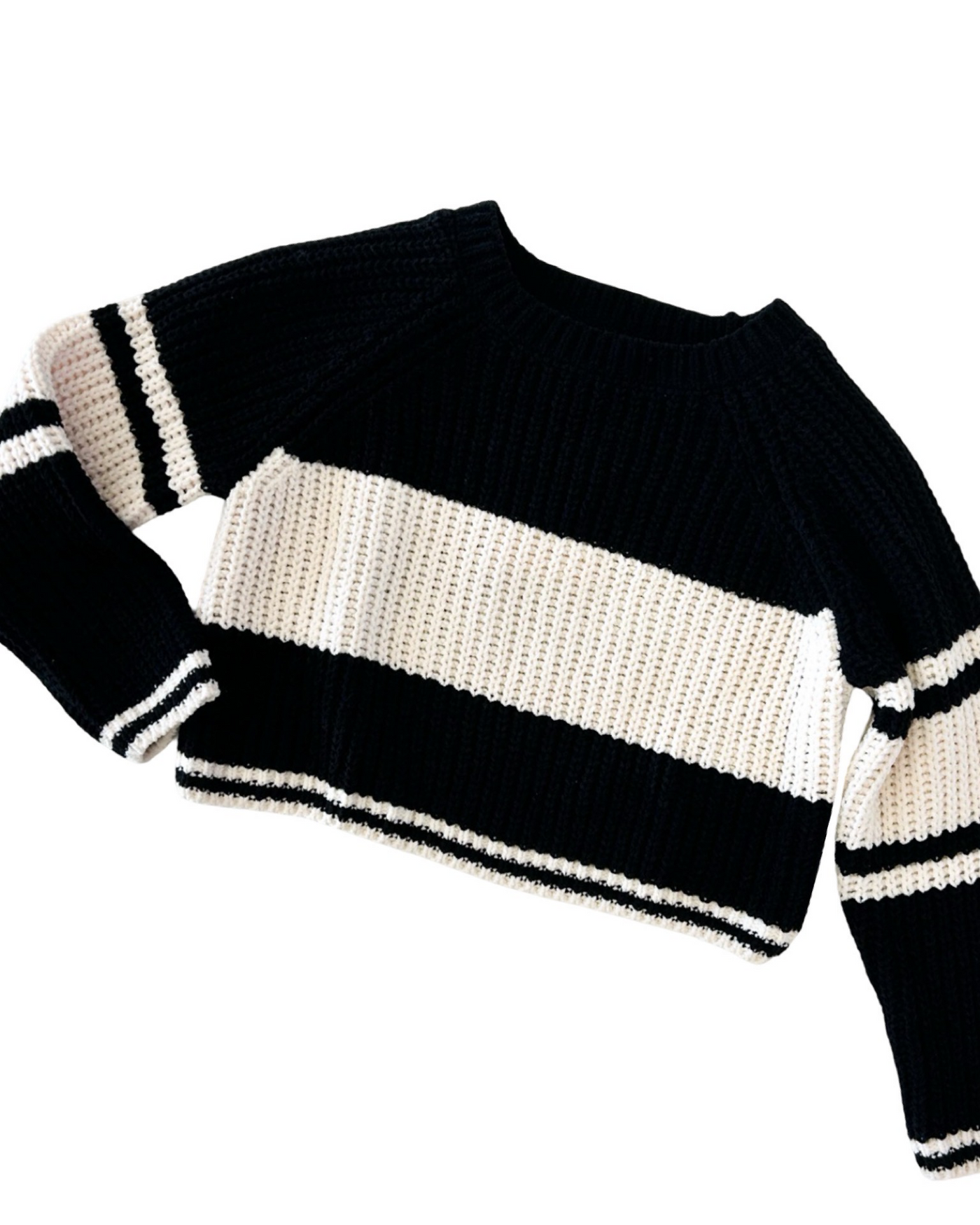 Black and Cream Stripped Slight Crop Knit Sweater