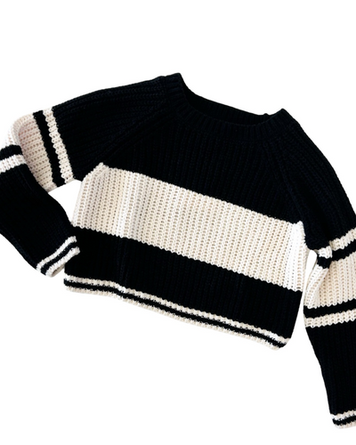 Black and Cream Stripped Slight Crop Knit Sweater
