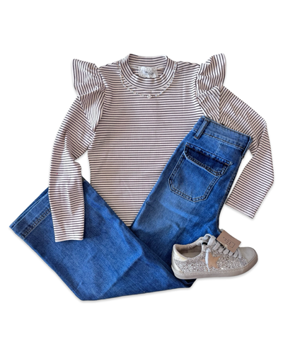Ivory Tea Lights Ruffle Shoulder Long Sleeve With Brown Stripe Top
