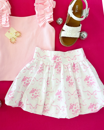 Pink Ribbon and Flower Print Bubble Skirt