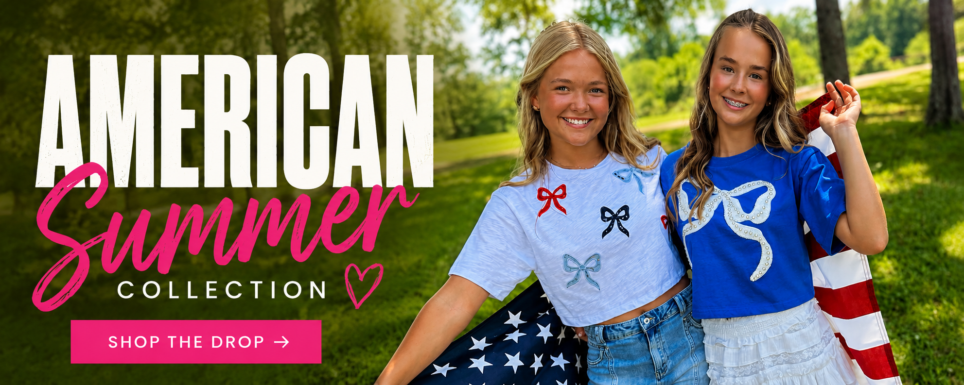 Two young girls wearing American-themed t-shirts with an American flag in the background, promoting the 'American Summer Collection'.