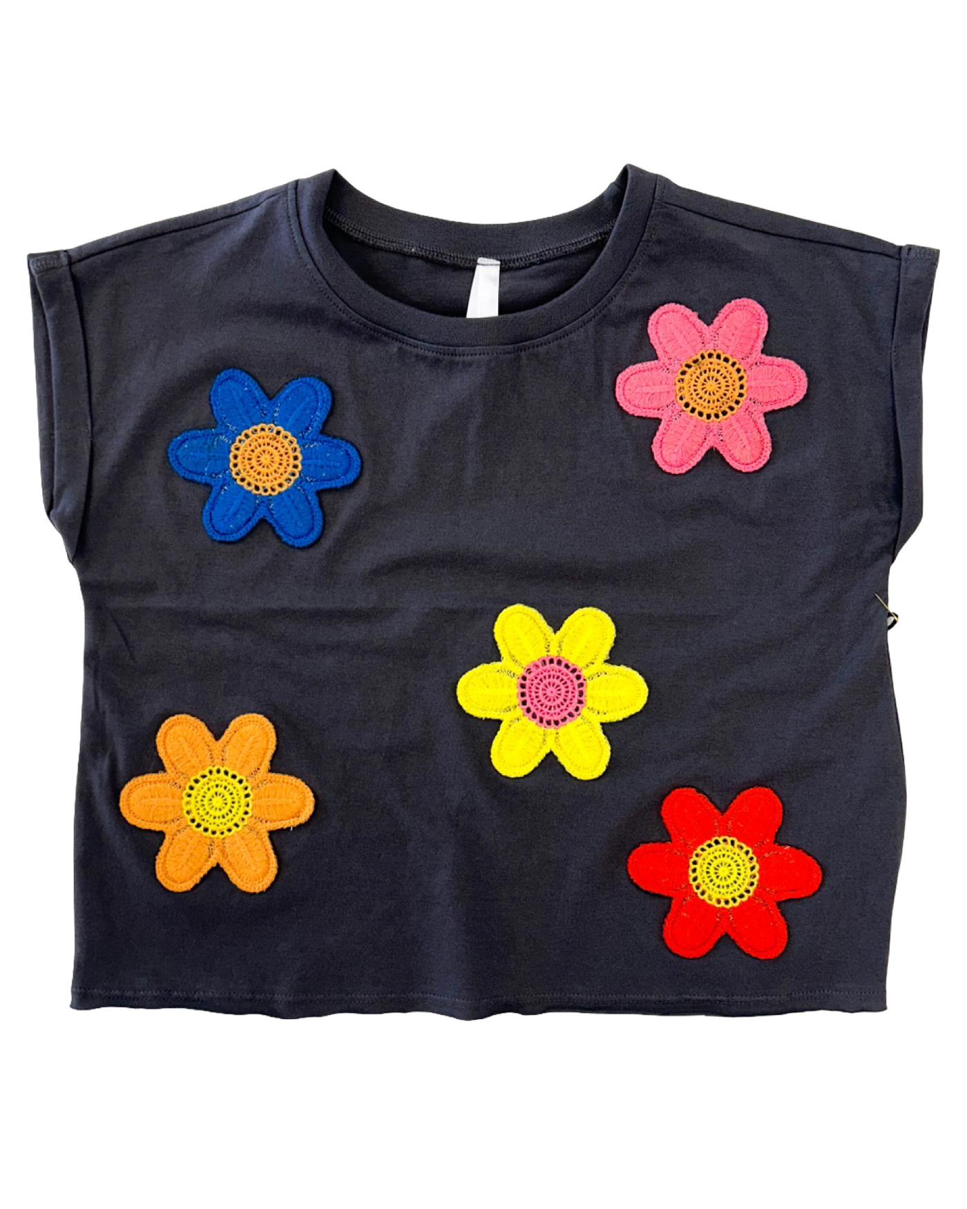 Dark Gray Sleeveless Crochet Flowers Shirt