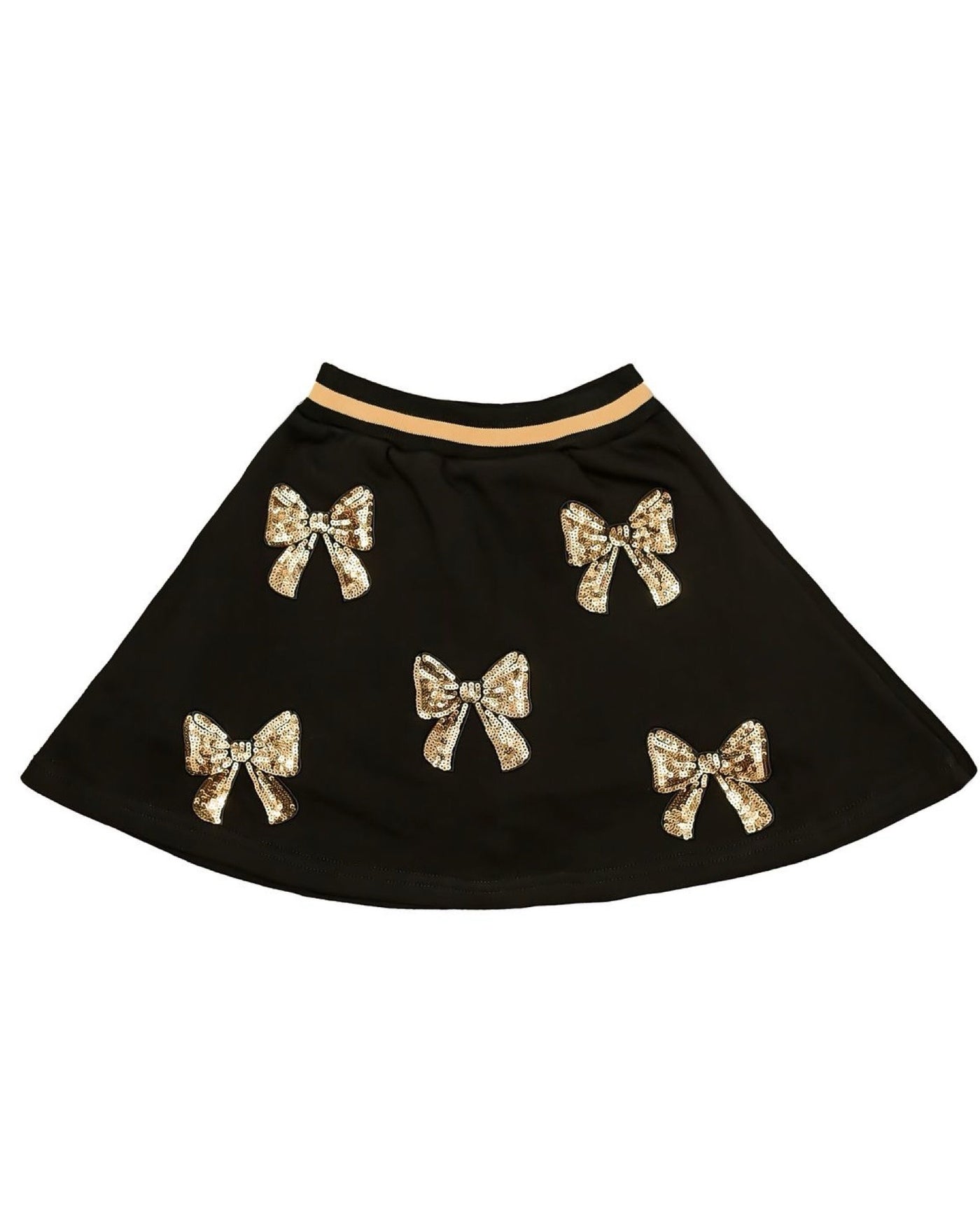 Black skirt with gold bow designs on a white background for girls ages 7-14