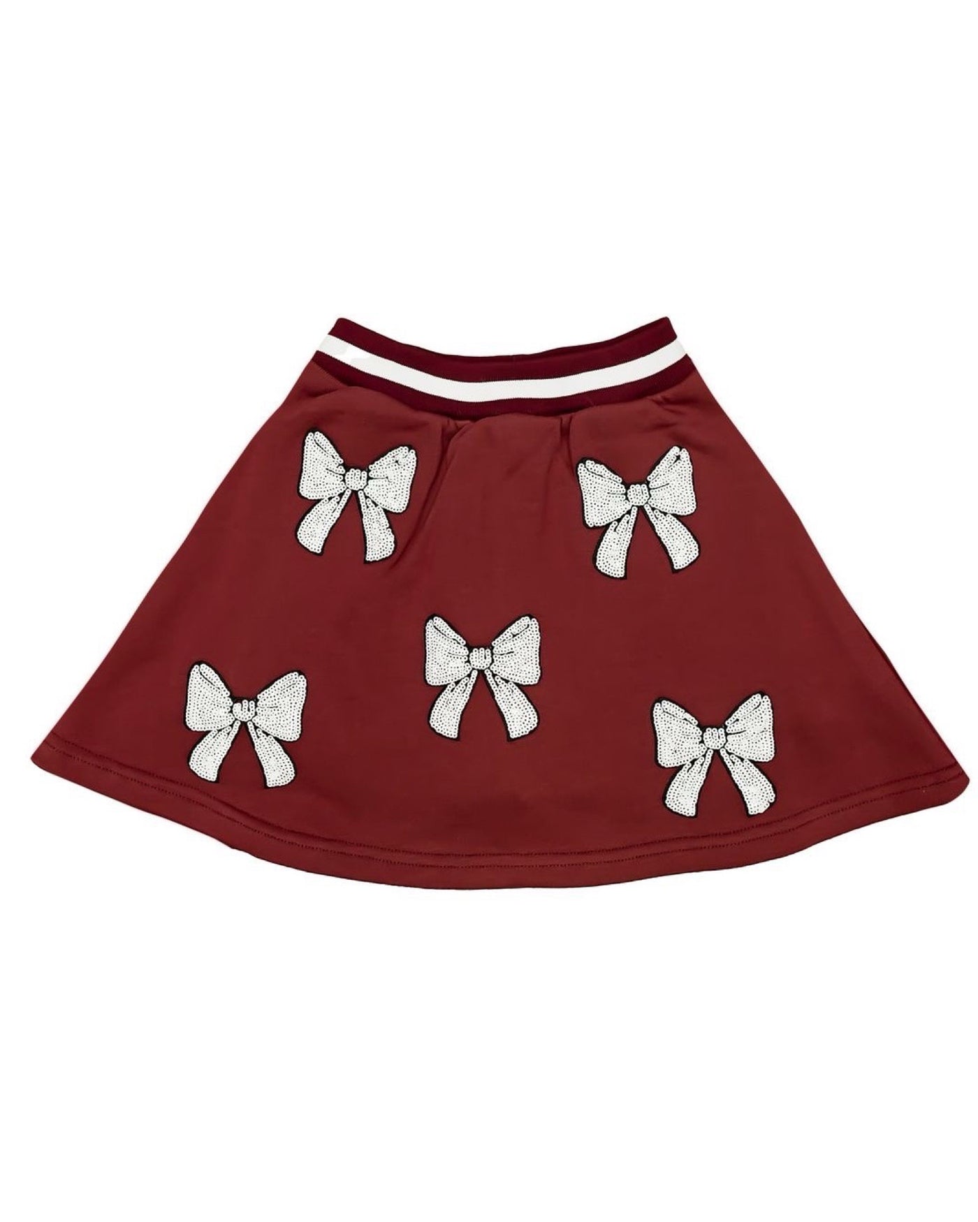 Maroon skirt with white bow patterns on a white background for girls 7-14 perfect for game day