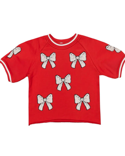 Red & White Sequins shirt with white bow designs for tween girls