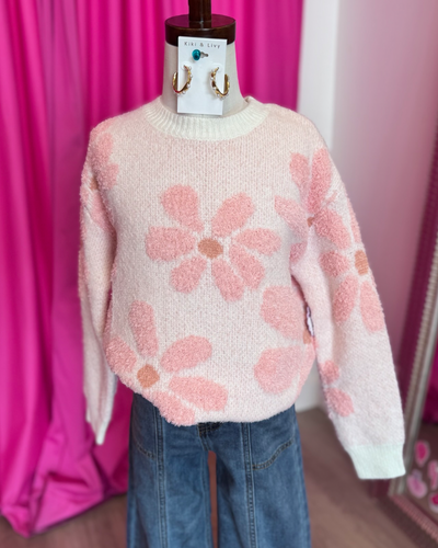 Pink Fuzzy Daisy Crew Neck Sweater