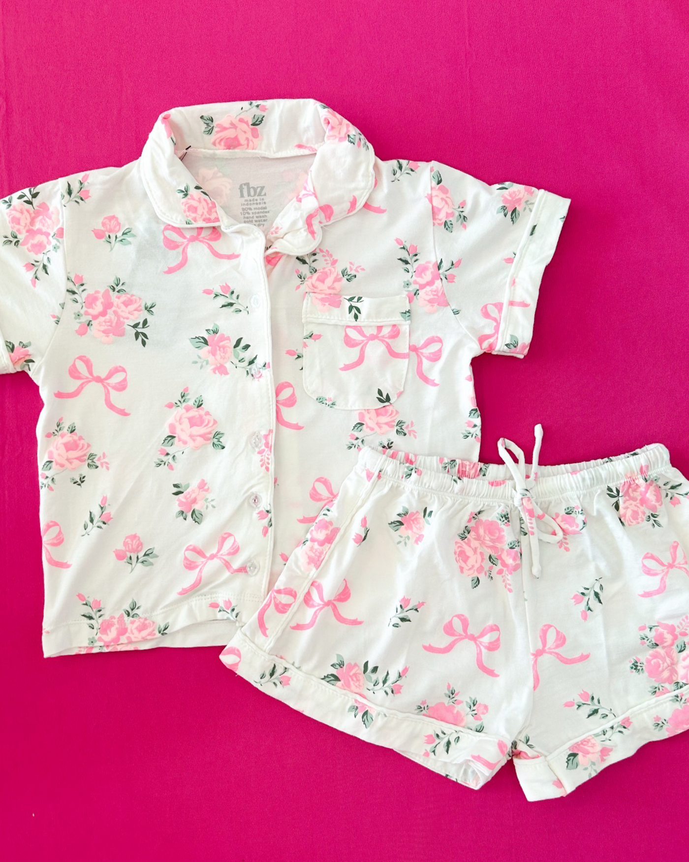 Neon Pink Rose and Ribbon Print Pajama Set