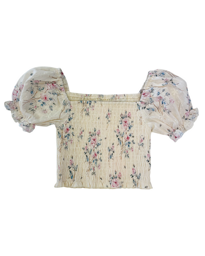 Eden Off White Floral Print Smocked Puff Sleeve Top