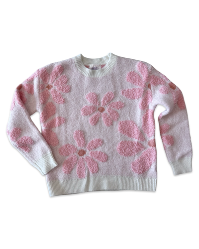 Pink Fuzzy Daisy Crew Neck Sweater