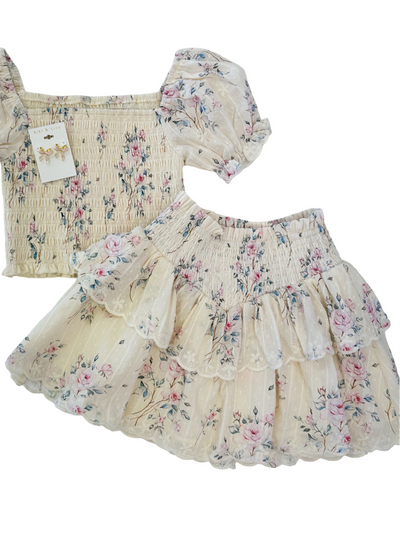 Eden Off White Floral Print Smocked Top Ruffle Skirt