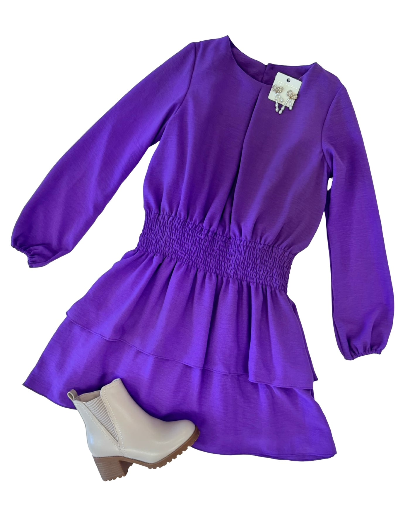 Purple Amelia Long Sleeve Smocked Waist Dress