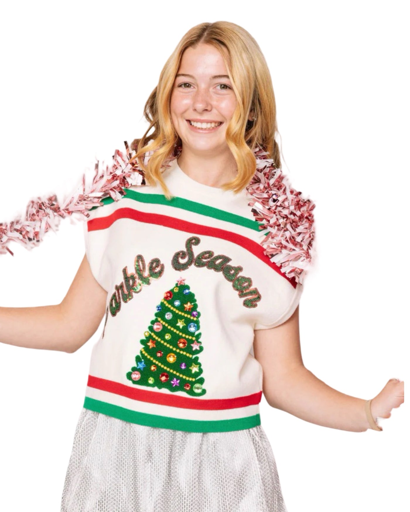 QOS White Green and Red Sparkle Sleeveless Sweater