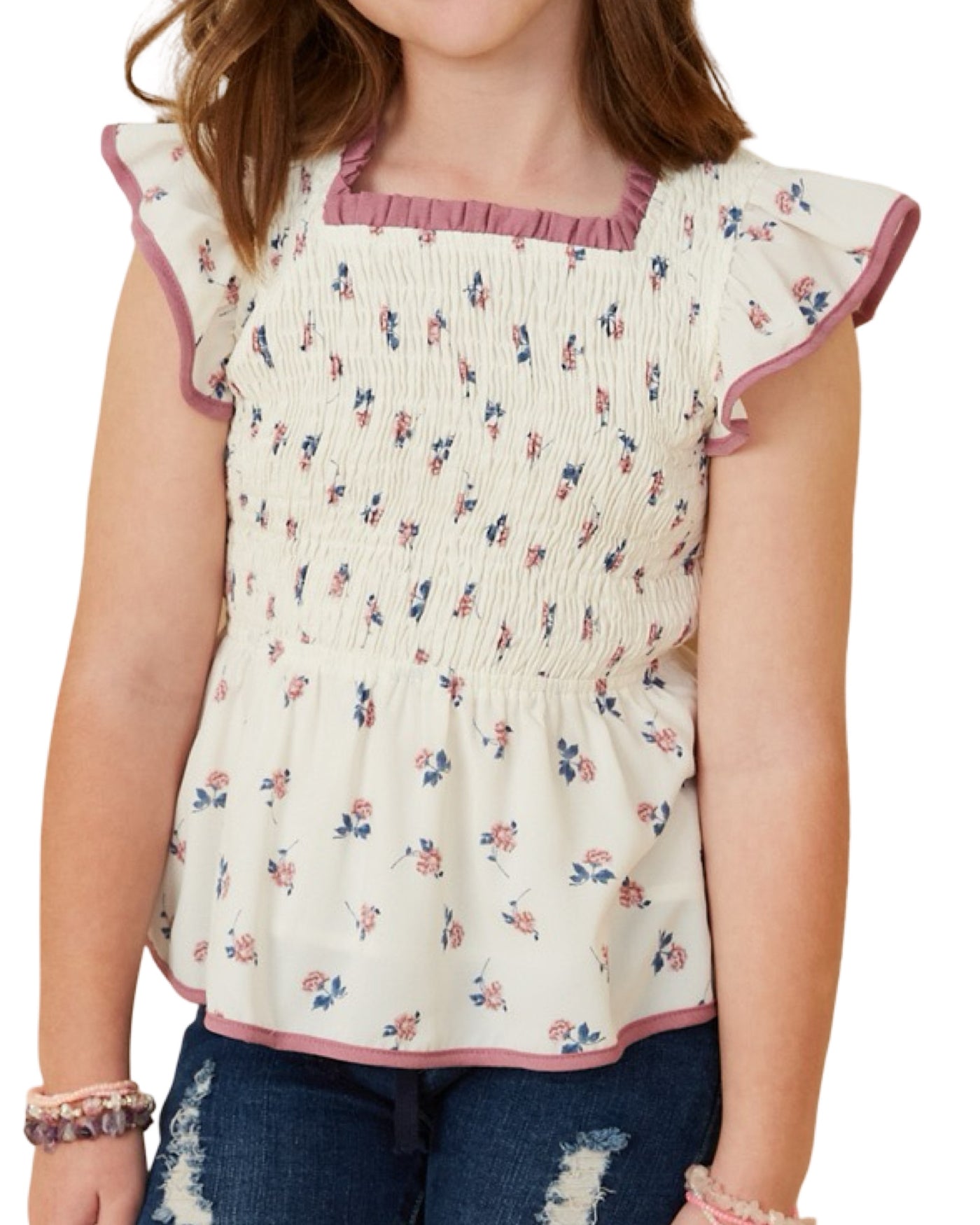 Off White Smocked Ditsy Floral Top