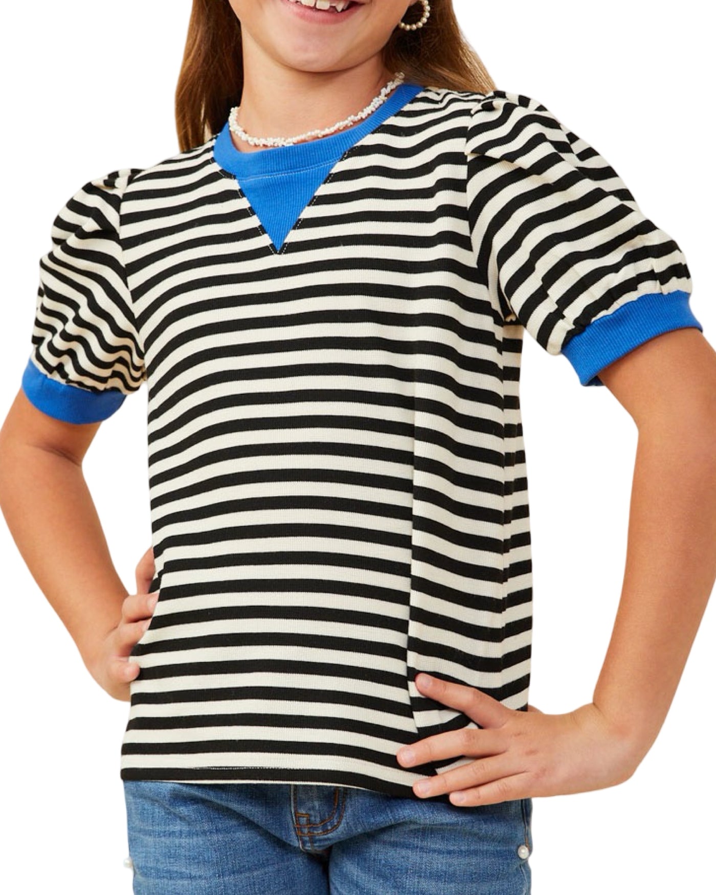Black Banded Puff Sleeve Knit Top