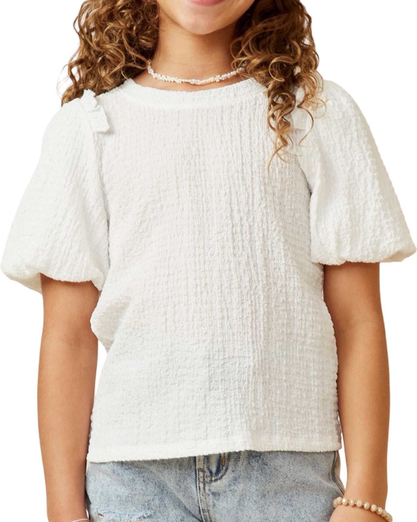 Off White Crinkled Puff Sleeve Top