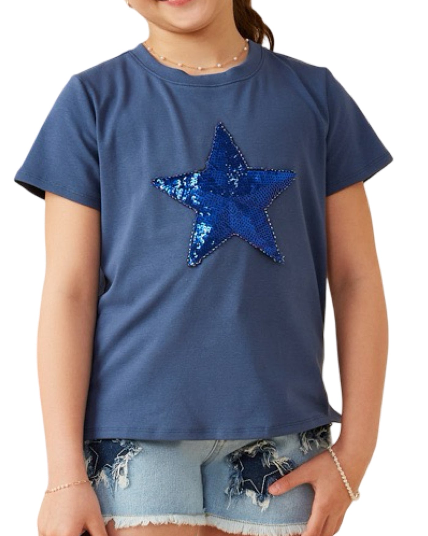Navy Star Sequin Patch Top
