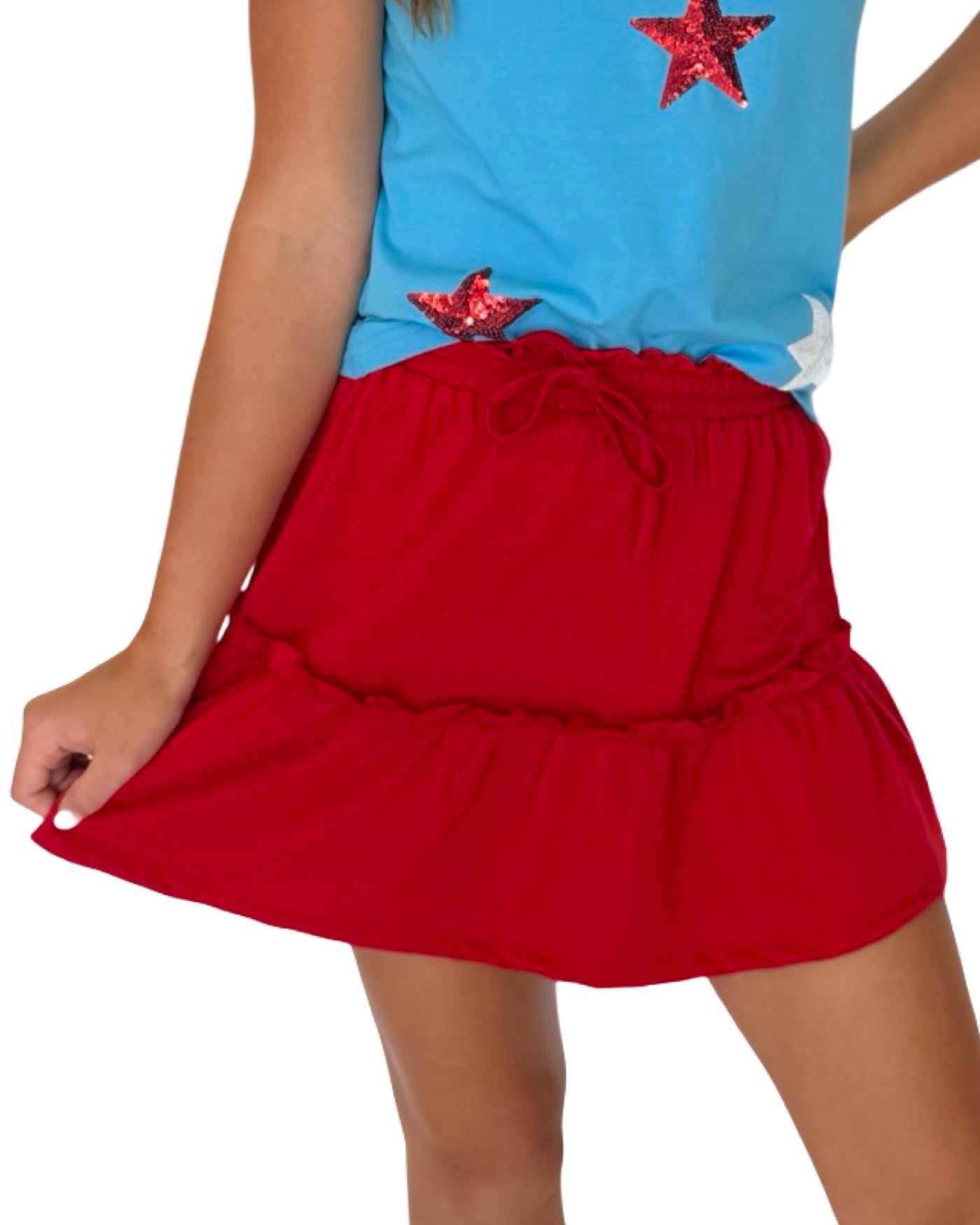 Red Elastic Waist Tiered Knit Skirt