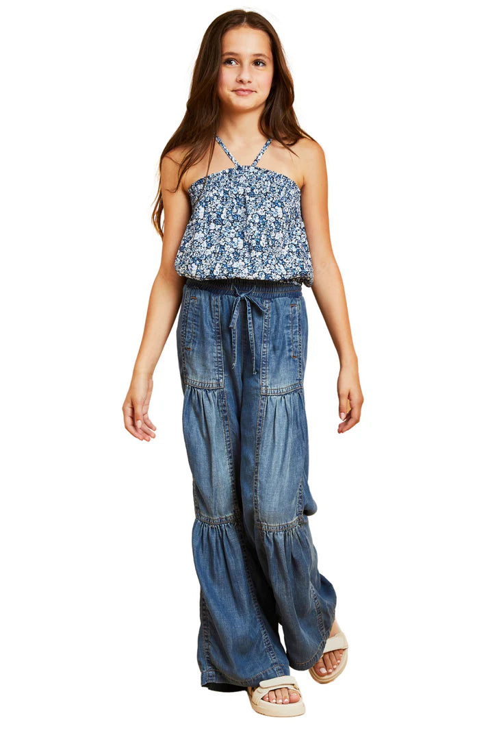 Indigo Draw String Tiered Wide Leg Pull On Jean