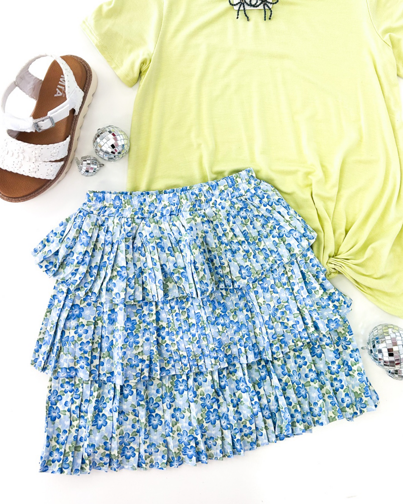 Blue Ditsy Floral Pleated Skirt
