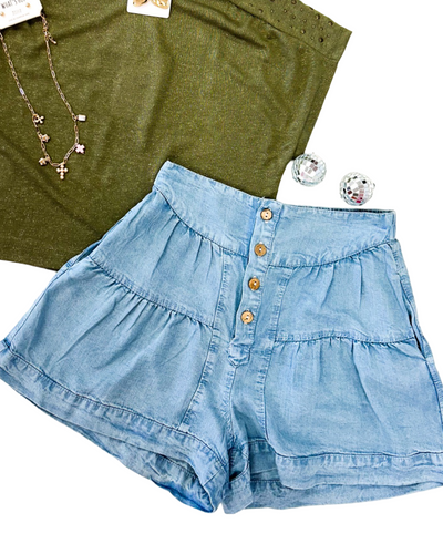 Light Denim Flowy Ruffled Shorts