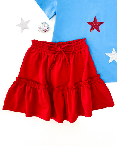 Red Elastic Waist Tiered Knit Skirt