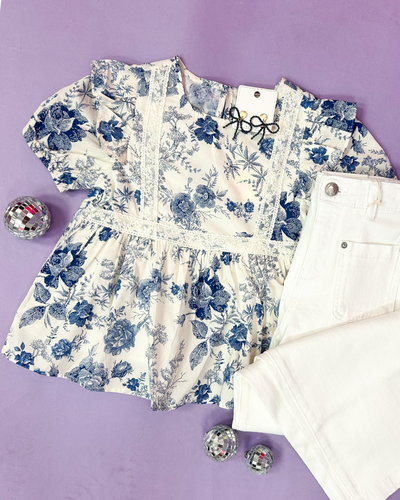 Blue Floral Lace Trim Babydoll Blouse