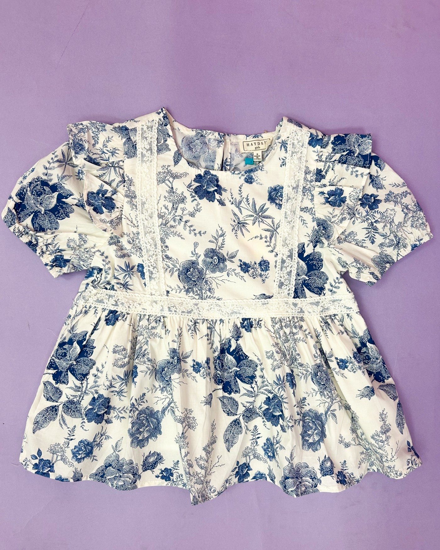 Blue Floral Lace Trim Babydoll Blouse