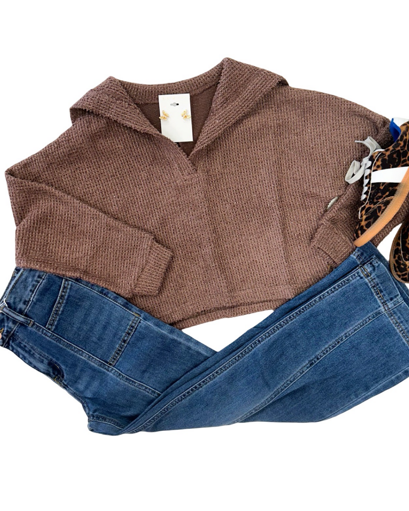 Mocha Brown Waffle Knit Large Collar Sweater