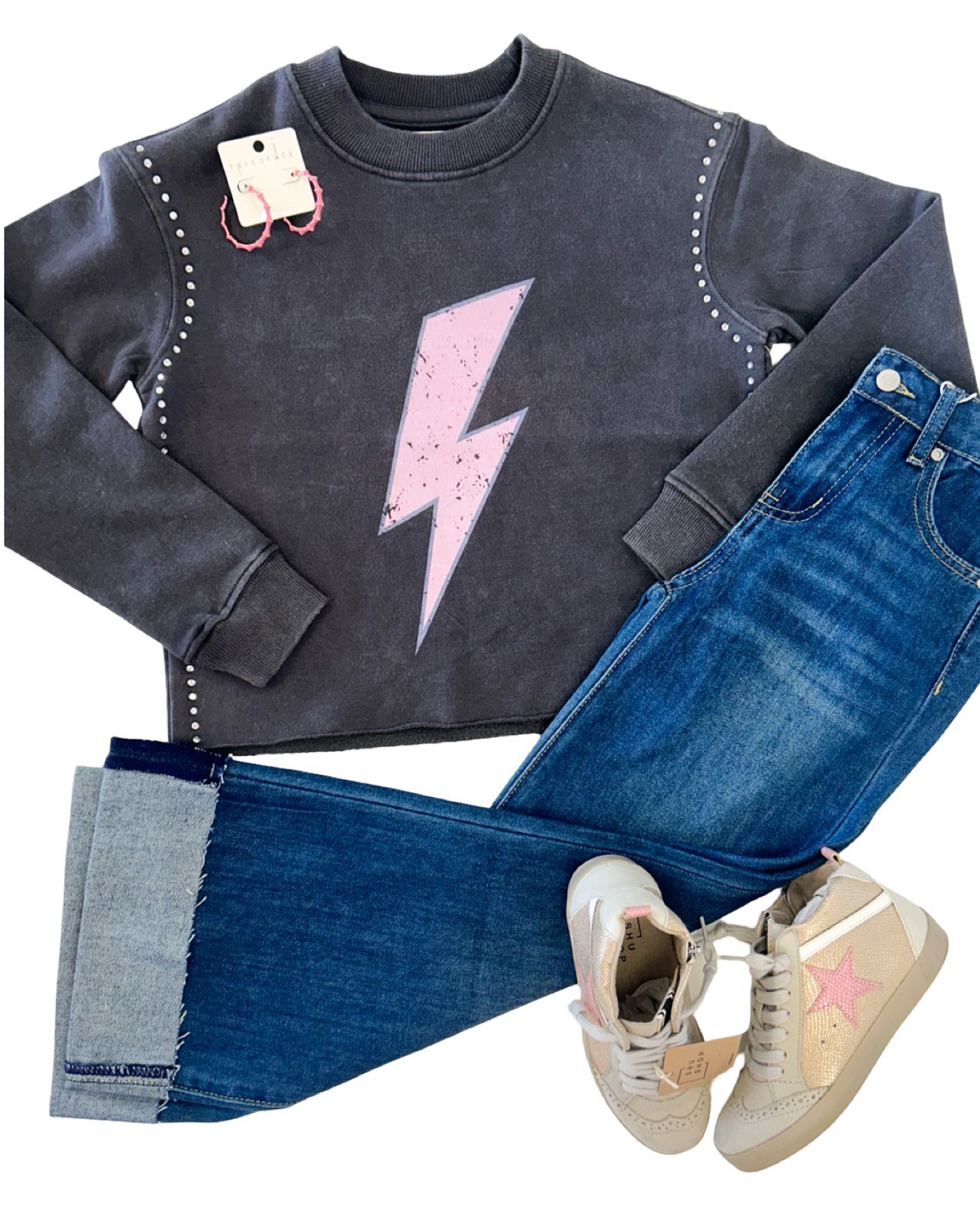 Acid Wash Gray Rhinestone Detail Lightning Bolt Sweatshirt