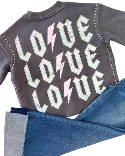Acid Wash Gray Rhinestone Detail Lightning Bolt Sweatshirt