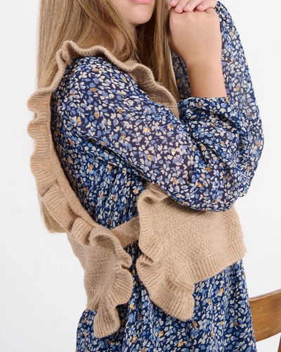Beige Knitted Sleeveless Ruffle Sweater