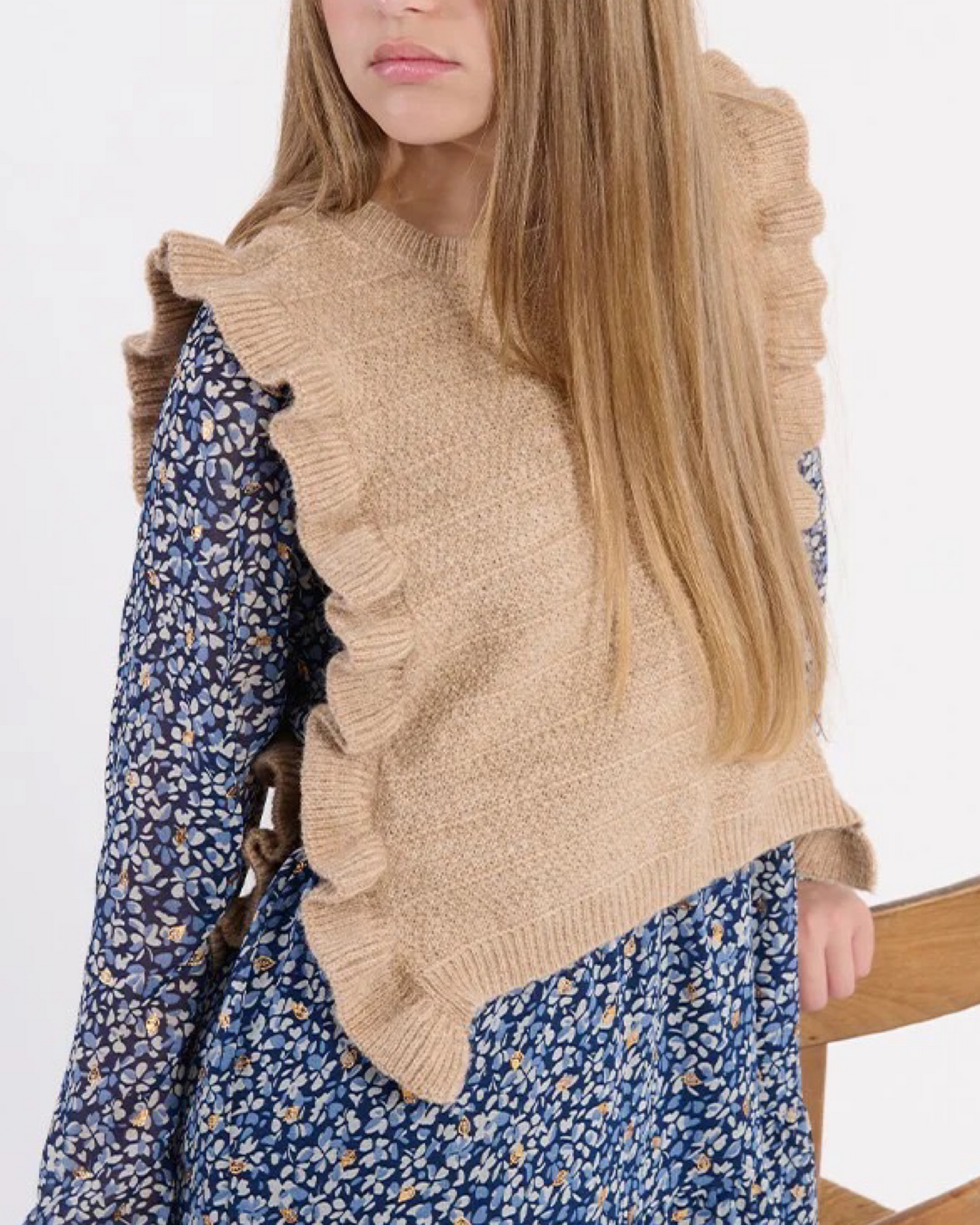 Beige Knitted Sleeveless Ruffle Sweater